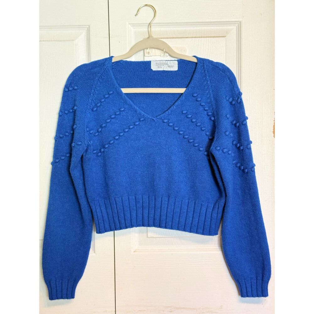 Electric Blue Wool Blend Cropped Bobble Knit Sweater V-Neck Made in Italy Small